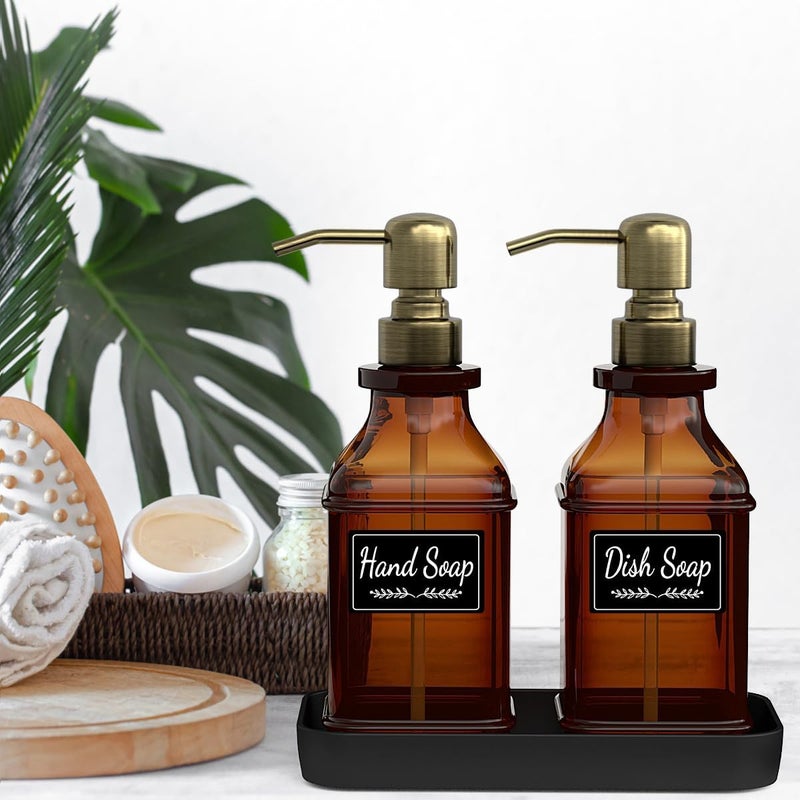 LMQML Soap Dispenser - 2 Pack, Antique Design Thick Amber Glass Hand Soap Dispensers with Sturdy Tray; 304 Rust Proof Stainless Steel Black Pump, 12Pcs Stickers, for Kitchen, Bathroom - Brushed Gold - Image 5
